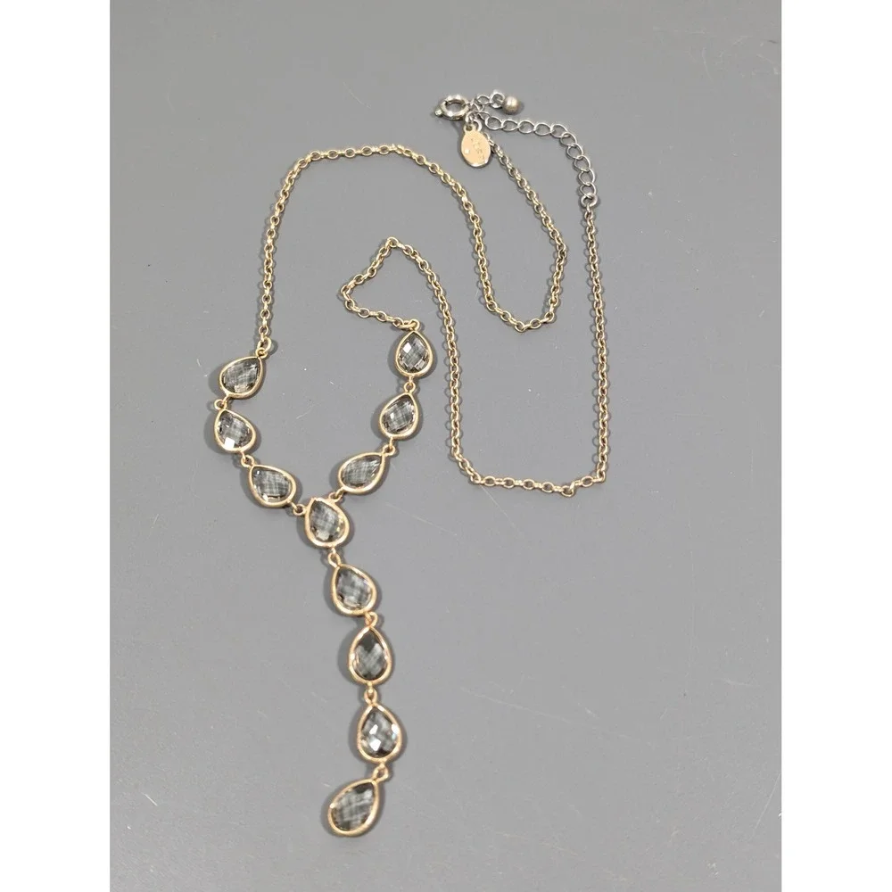 LOFT Gray Faceted Glass Y Necklace Gold Tone Teardrop‎ Bezels Lariat Style 22